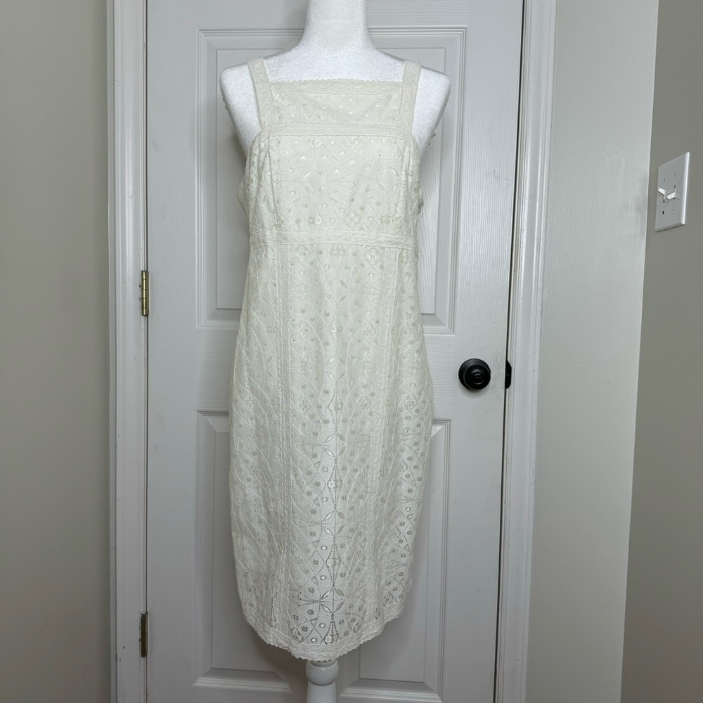 Max Studio Eyelet Apron Dress Womens L Ivory Lace Sleeveless Sheath Fully Lined